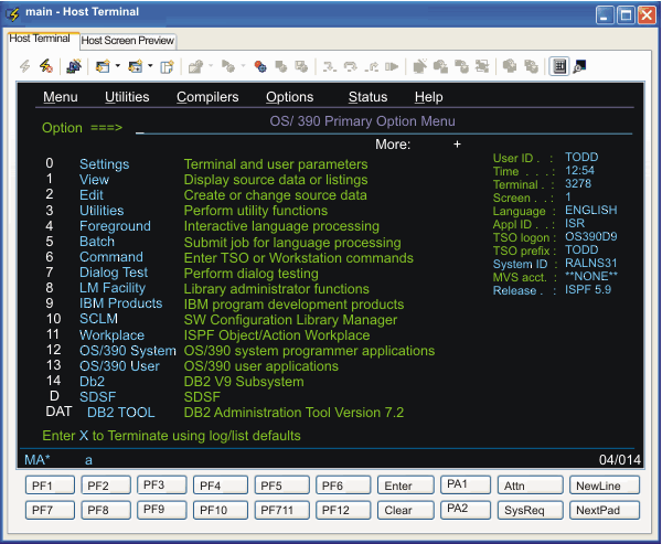 A sample application screen, the OS/390 ISPF Primary Option Menu