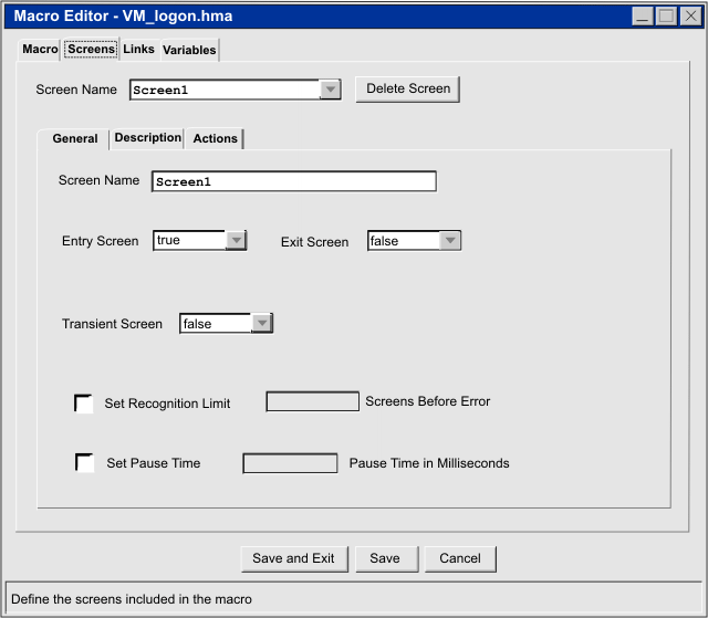 The Screens tab of the Advanced Macro Editor