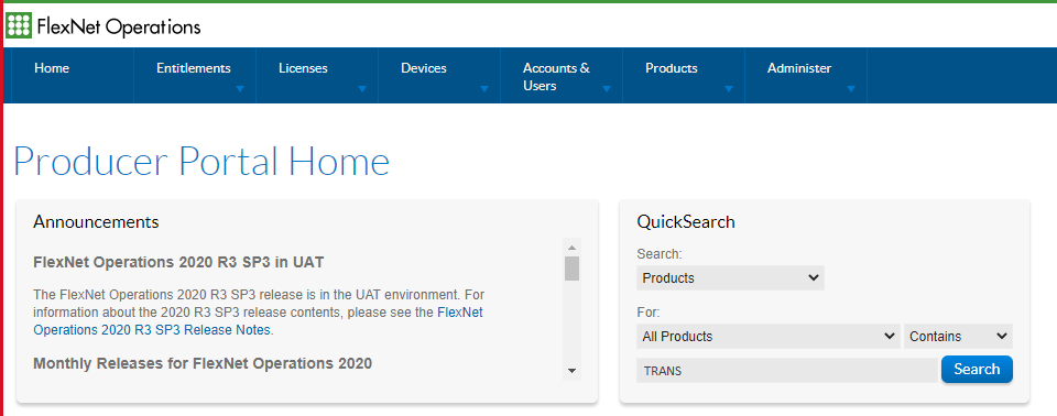 The Produce Portal Home page for FlexNet Operations