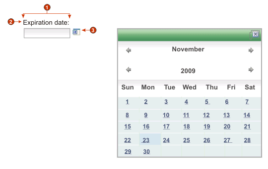 インライン日付ピッカーを使用したカレンダー・ウィジェットの例