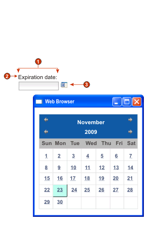 ウィンドウ日付ピッカーを使用したカレンダー・ウィジェットの例